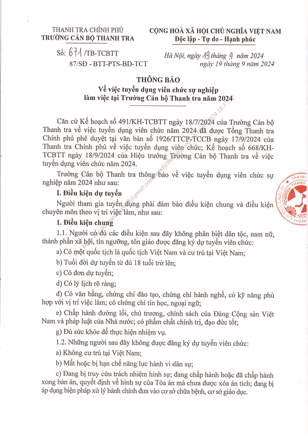 Thông báo về việc tuyển dụng viên chức sự nghiệp làm việc tại Trường Cán bộ Thanh tra năm 2024