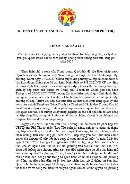 THÔNG CÁO BÁO CHÍ về việc: “Tập huấn kỹ năng, nghiệp vụ công tác thanh tra; tiếp công dân, xử lý đơn thư, giải quyết khiếu nại, tố cáo; phòng, chống tham nhũng, tiêu cực, lãng phí” năm 2025 tại tỉnh Phú Thọ