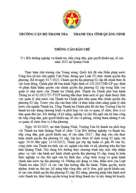 THÔNG CÁO BÁO CHÍ Lớp bồi dưỡng nghiệp vụ thanh tra, tiếp công dân, giải quyết khiếu nại, tố cáo năm 2025 tại Quảng Ninh